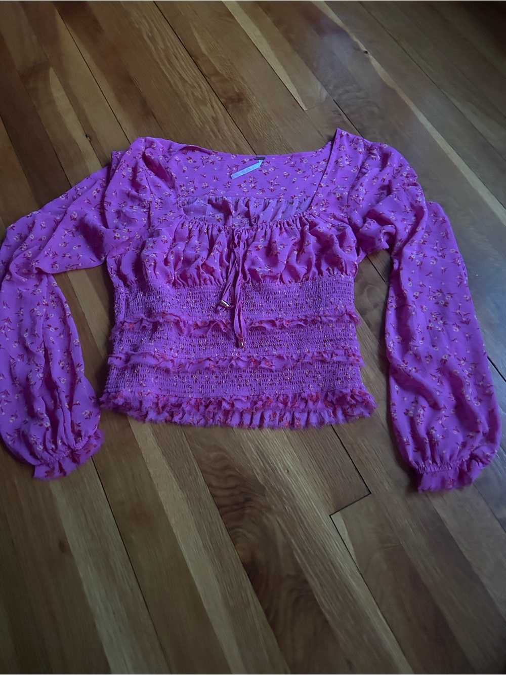 Free People Hot Pink Smocked Long-Sleeve Peasant Top